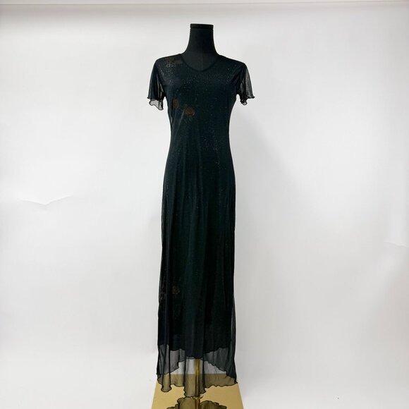 VINTAGE 90S STYLE LONG MESH MAXI DRESS SHIMMER WITH FLORALS - Picture 14 of 16